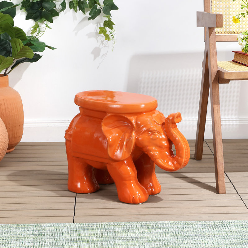 Tabouret de jardin blanc éléphant en céramique émaillée bohémienne 14,25 po White Elephant, Orange