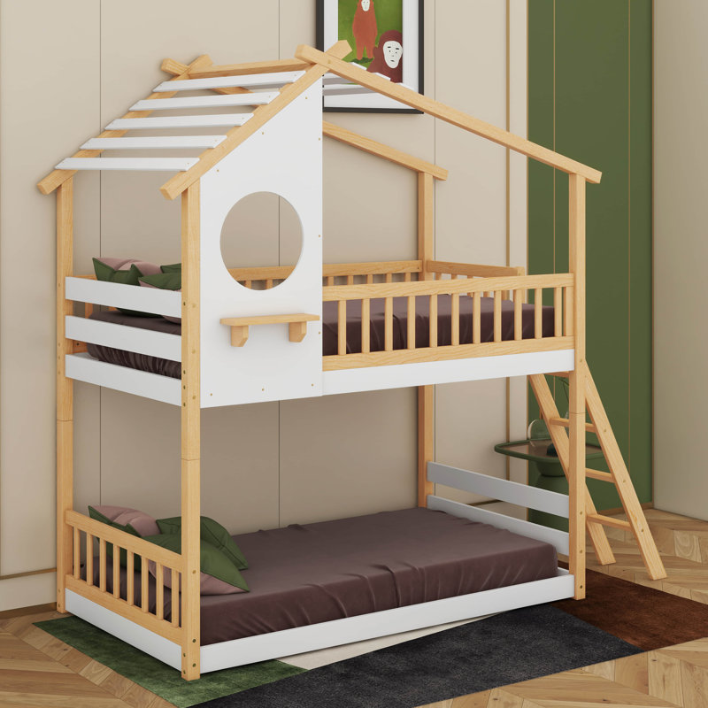 Twin Over Twin Bunk Bed Wood Bed With Roof, Window, Ladder