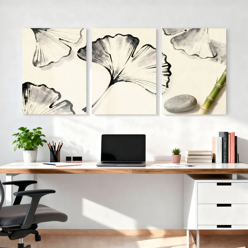 Feuille de ginkgo et bambou de style zen, reproduction d'art sur toile tendue à l'encre noire et blanche (ensemble de 3)