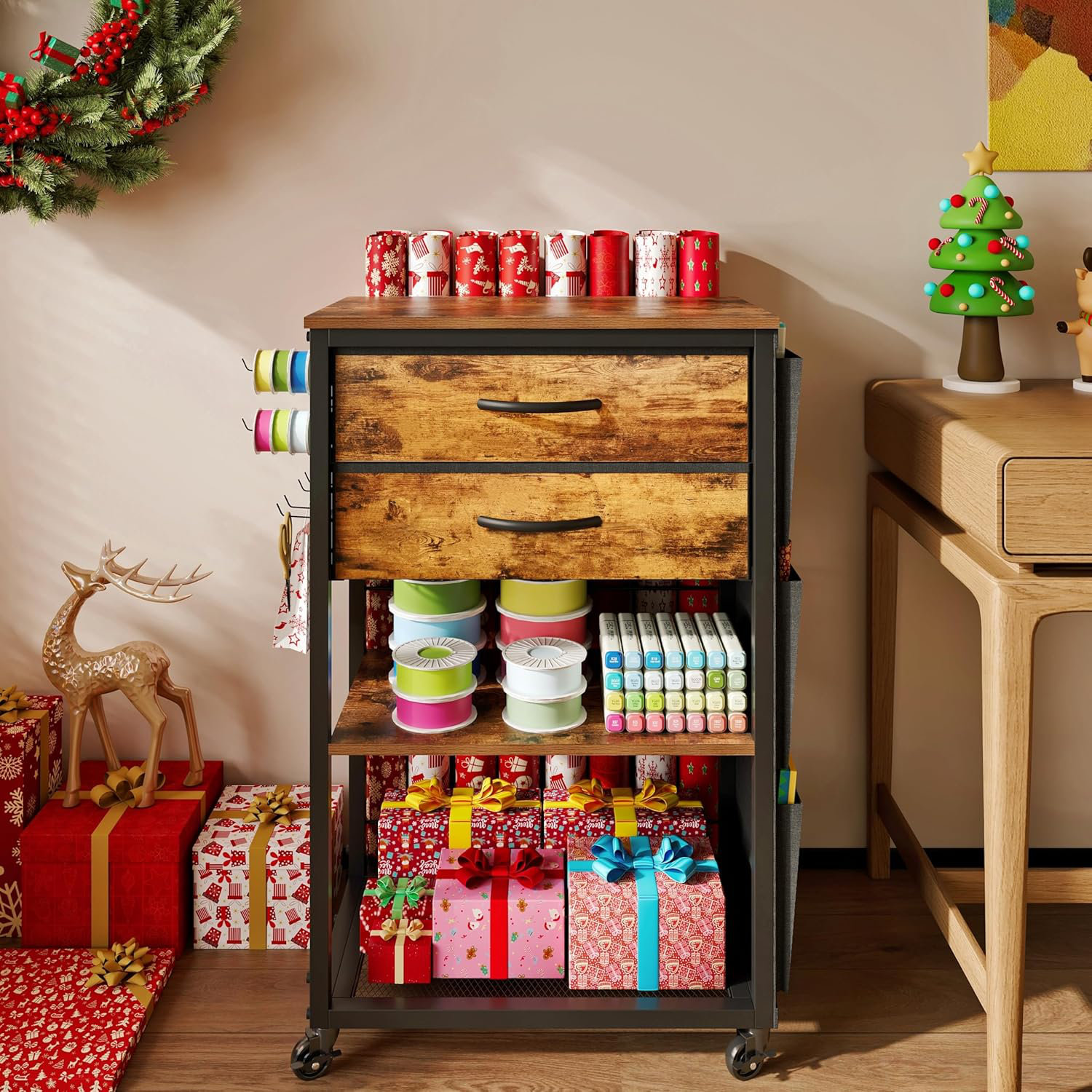XIANGXIELISHE Wrapping Paper Storage Cart With 2 Fabric Drawers,Rolling ...