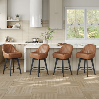 Tabourets de bar pivotants de 26 po à hauteur de comptoir avec pieds en métal, chaises pour îlot avec dossier enveloppant, similicuir - brun (ensemble de 3)