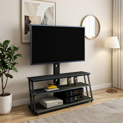 Meuble télé pivotant sur pied avec réglage en hauteur, plateau en verre trempé pour téléviseurs jusqu'à 65 pouces, meuble télé moderne pour salon ou chambre, noir