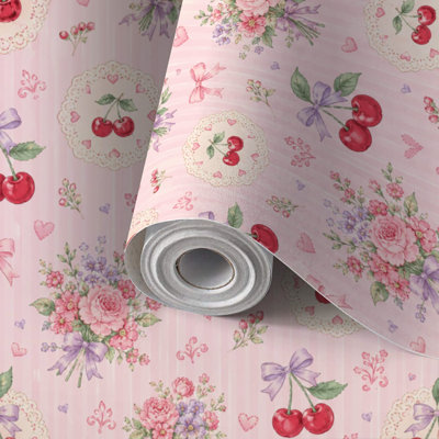 Peel and Stick Wallpaper Contact Paper Preppy cherry bow flower frame seamless vertically striped cute Self Adhesive and Removable 24in x 118in(60x300cm)