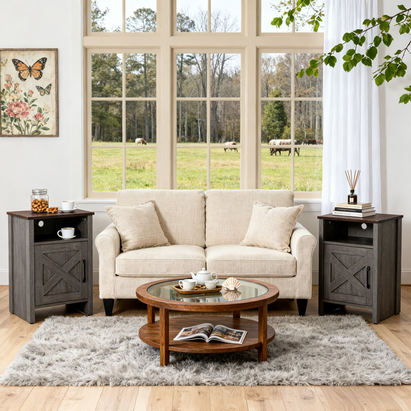Side Table Set of 2, 16'' W Rustic Wood End Table with Barn Door and Open Shelf for Living Room, Bedroom, Office