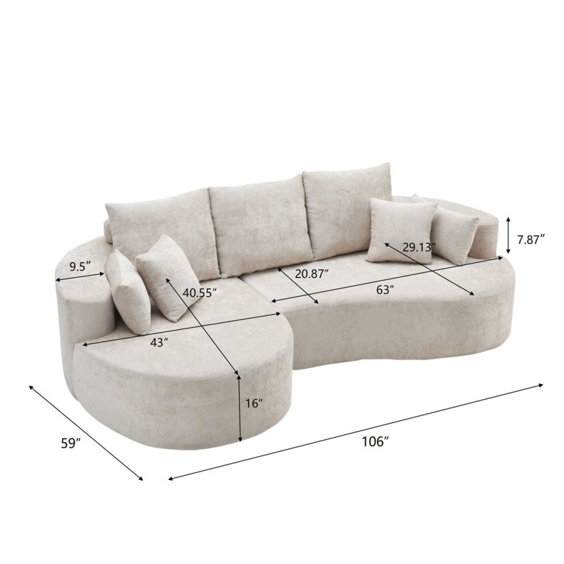 106 po Canapé modulaire courbé en tissu 2 pièces avec méridienne pour le salon - doublure argent, Silver
