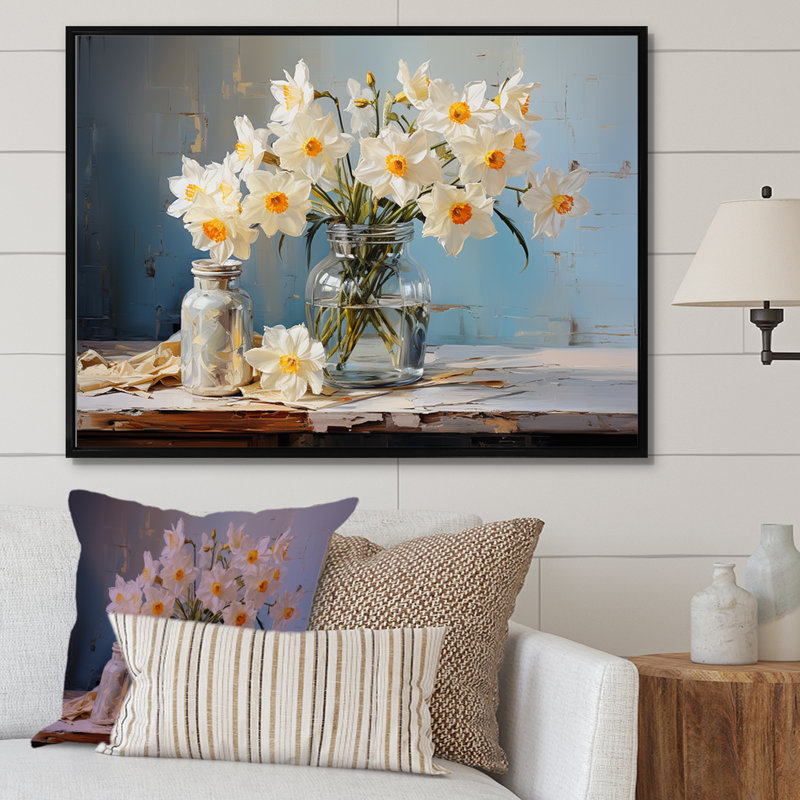 «Daffodils Farmhouse Still Life» sur toile, Cadre flottant noir, H 34 po x l 44 po x P 1,5 po