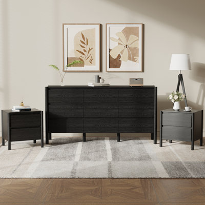 Ensemble de chambre à coucher 3 pièces Hingham, commode 9 tiroirs et 2 tables de chevet, noir