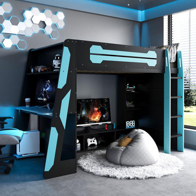 Twin Size Wood Loft Bed with Built-in-Desk Shelves and RGB Light