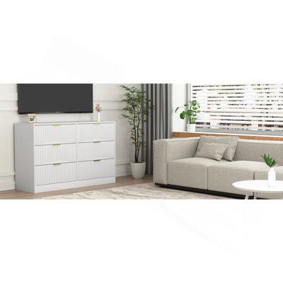 Modern 6-Drawer Dresser, Chest of Drawers for Bedroom, Living Room, Hallway, and Entryway - Large Storage Cabinet, White,Drawer panel with wavy patter