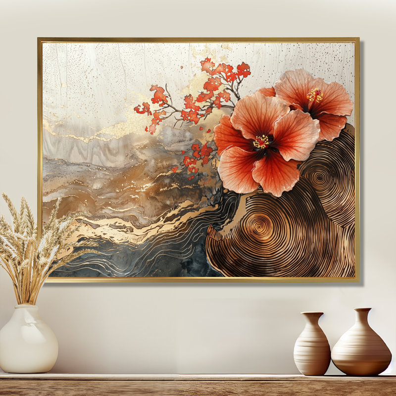Imray Hibiscus Flowers Field On A Wooden Horizon I - Hibiscus Large, art mural, H 12 po x l 20 po, Doré