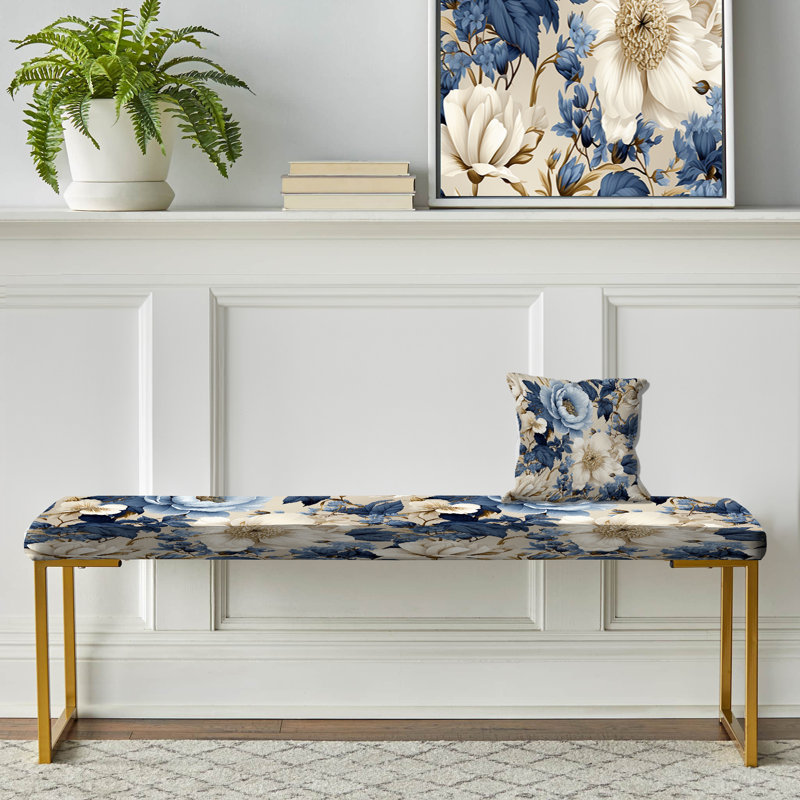 Blue And White Flower Radiance II - Floral Upholstered Gold Bench