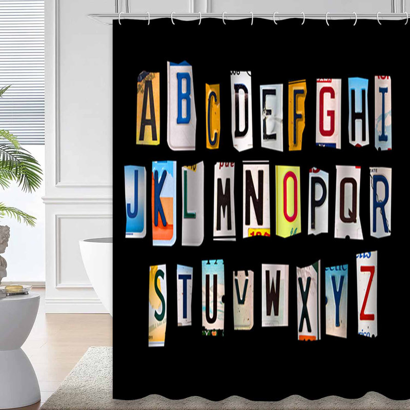 Rideau de douche avec 12 crochets Alphabet, L 72 po x l 78 po
