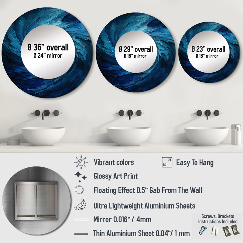 Blue Swirl Wave Spiral I - Abstract Spirals Large Mirror, Blue Decorative Wall Mirror, Printed Metal Art, 36" x 36", Round