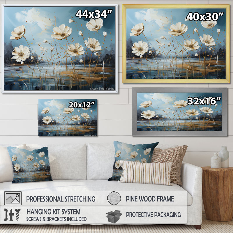 «Daisies in the Sunlight Flowers Field II», reproduction, H 16 po x l 32 po x P 1,5 po, Cadre simple noir