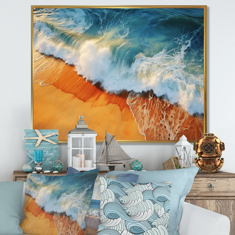 Bleu et orange, vue aérienne rétro de plage II - art mural plage, Cadre flottant doré, H 34 po x l 44 po x P 1,5 po