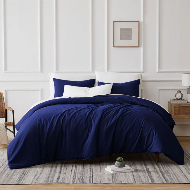 Microfibre 200 TC Plain Reversible Plain Weave Modern & Contemporary Duvet Cover Set, Kingsize - 2 Standard Pillowcases, Navy
