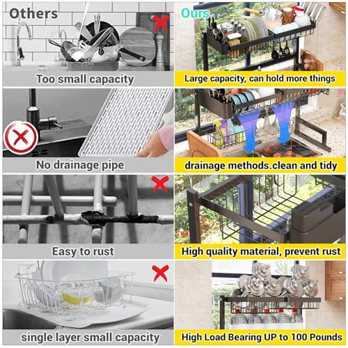 Égouttoir à vaisselle ilvvan à poser sur l'évier (hauteur/longueur extensible) - Système de fixation par clips - Grand égouttoir à vaisselle - Rangement - Organisateur de comptoir - 61 à 90 cm (L) x 30 cm (l) x 48 à 56 cm (H)