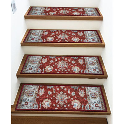 Custom Size High Quality Veronica Floral Red Thin Pile Stair Treads by Inches