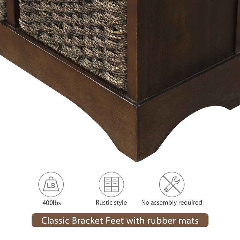 Small Console Table with Drawers and 4 Removable Rattan Basket, Espresso