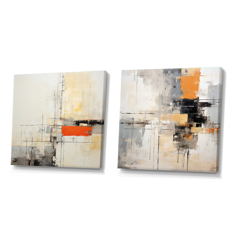 Collage abstrait pêche gris - Ensemble de 2 collages abstraits carrés, Toile tendue, H 16 po x l 33 po