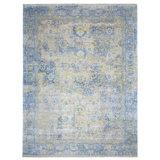 Hand Knotted Abstract Area Rug in Blue/Yellow/Ivory