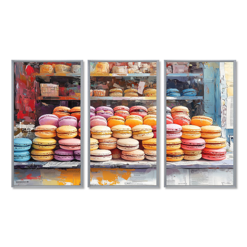 «Yellow and Pink Desserts» Macaron Bar II - Desserts, ensemble d'art mural, Toile argentée avec cadre flottant