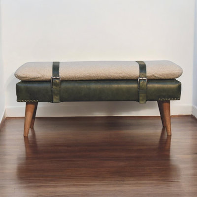 Bouclé Buffalo Hide Olive Green Leather Bench, Nordic Legs,