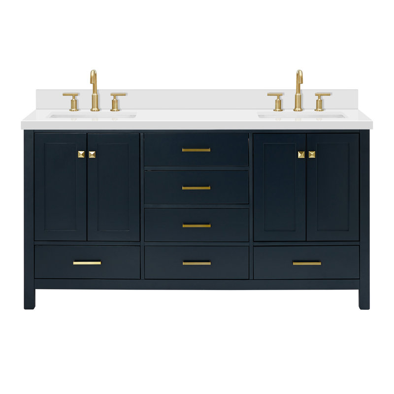 Meuble-lavabo double autoportant de 67 po avec plateau en quartz Cambridge, Bleu minuit / laiton satiné