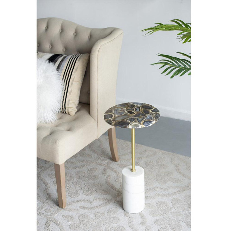 Table d'appoint en laiton agate noire D12x24 "avec base cylindrique en marbre, Noir