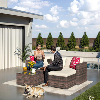 Outdoor Patio Furniture Set, 5 Pieces All-Weather Wicker Sectional Conversation Sofa with Glass Coffee Table and Detachable Soft Cushions, Small Outdo