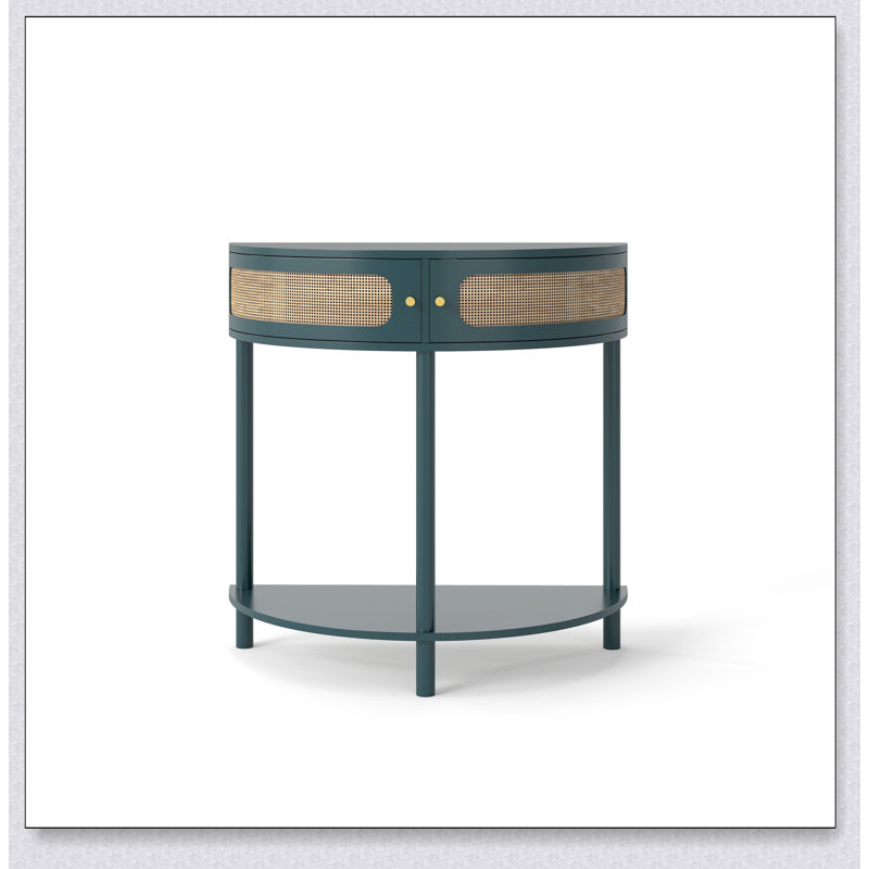 Unique Half Moon Design End Table With Sliding Rattan Door, Elegant Semi-Circle Entryway Console Table With 2 Rattan Storage Cabinets And Bottom Shelf