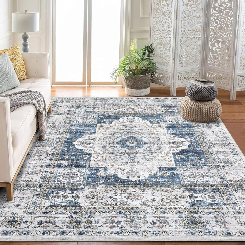 Machine Washable Boho Rug  Oriental Medallion Stain-Resistant Non-Shed Soft Vintage Floral Indoor Low Pile Dining Room Orange