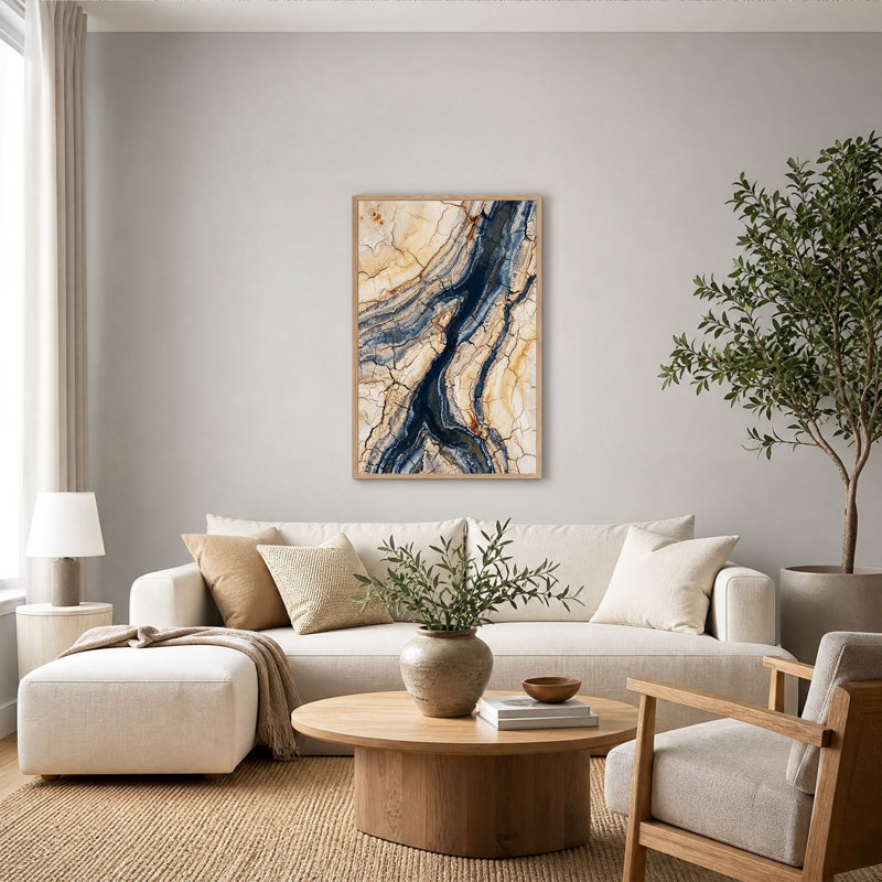 Tableau sur toile à motif craquelé organique beige et bleu foncé, H 48 po x l 32 po