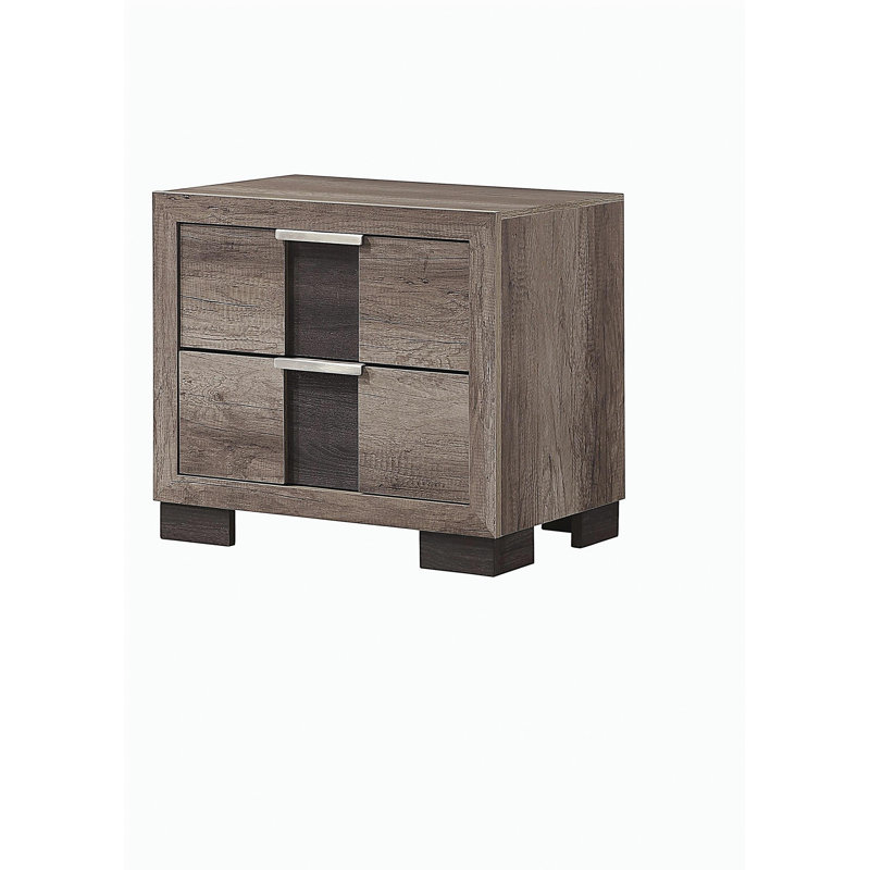 1pc Table de chevet à finition brune rustique Deux tiroirs Boutons en métal Meubles de chambre à coucher en bois