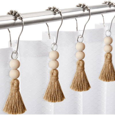 Boho Shower Curtain Hooks Rings Rustproof,  Nautical Decorative Shower Curtain Rings with Handmade Wood Beads Tassel, Farmhouse Home Bathroom Bedroom Baby Room Decor Set of 12 (Natural Jute)