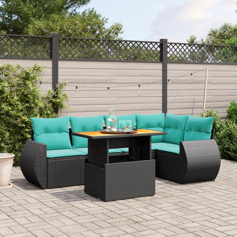  Ensemble de canapé de patio 6 pièces avec coussins en rotin de polyester, Noir, Vert