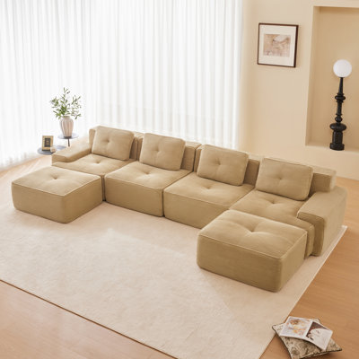 Canapé d'angle modulaire moderne en forme de U pour salon, canapé 4 places avec assise profonde et 2 poufs amovibles, design capitonné, aucun assemblage requis, surface antidérapante, pour salon, coin détente ou chambre