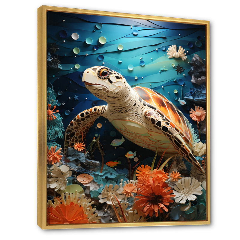 Turtle Coastal Creatures Pointillism, reproduction d'art sur toile, H 32 po x l 24 po x P 1 po, Cadre flottant doré