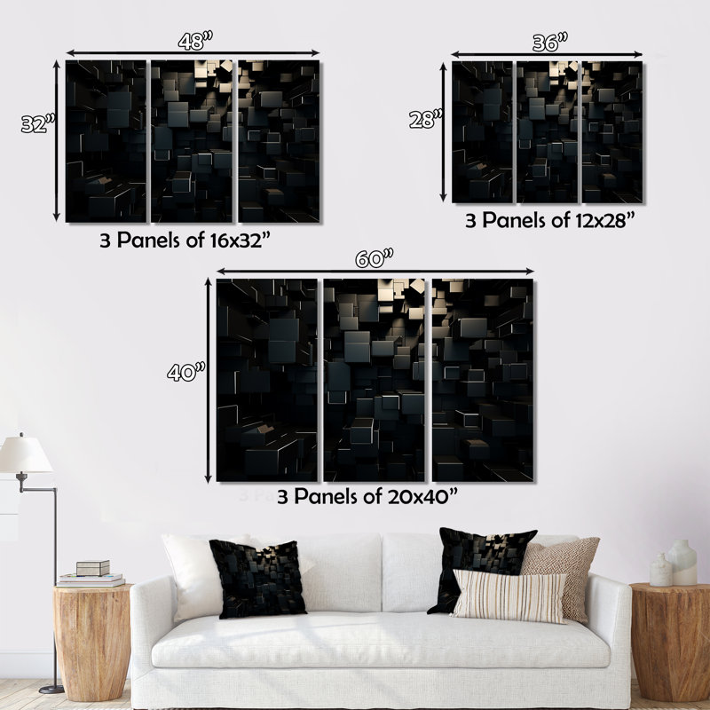 3D cube de briques noires 3D, reproduction sur toile, 3 pièces, H 40 po x l 60 po x P 1 po