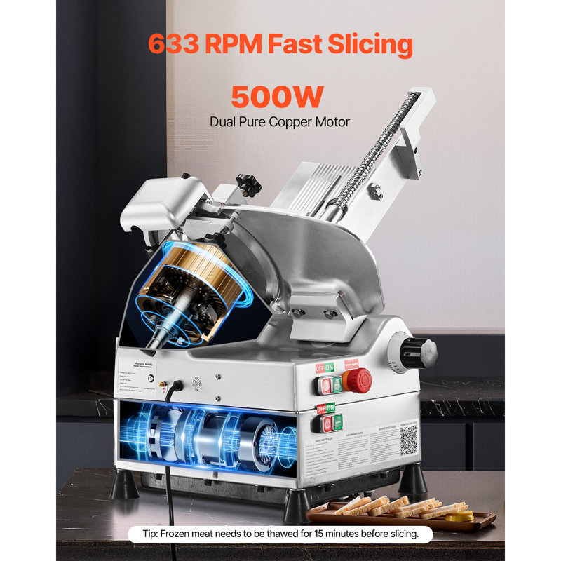 Automatic Meat Slicer, 500W, Electric Deli Slicer Machine with 10 inch Sharp 75Cr1 Steel Blade, 0-0.67 inch Adjustable Thickness, 633 RPM Fast Slicing, Cheese, and Bread, Designed for Frozen Meat