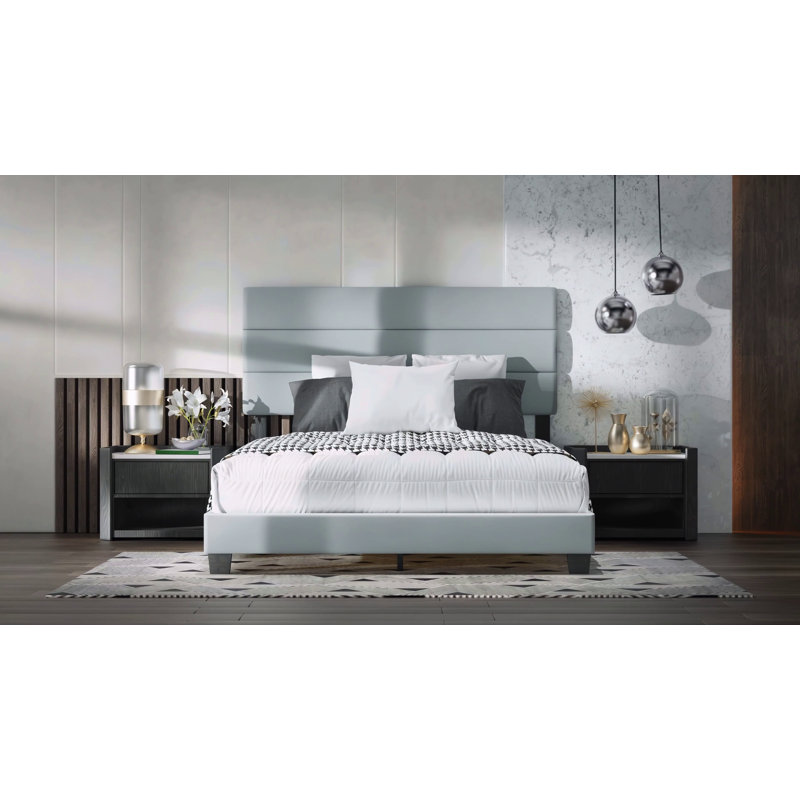Full Blue and Gray Linen Upholstered Platform Bed with Headboard