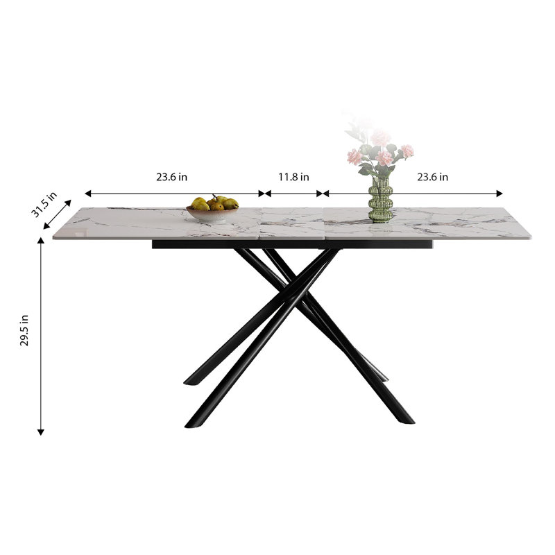 59-Inch Modern Rectangle Expandable Dining Table With Retractable Leaf, Sintered Stone Top & Black Carbon Steel X-Base, Sturdy 4-6 Person Table For Small Apartments, Kitchen, Dining Room