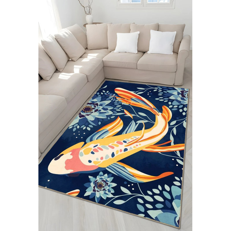 Tapis décoratif bleu marine à motif de poissons Koi, Rectangle 4 pi x 5 pi 11 po