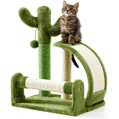 Cat Scratching Post, Cactus Scratcher Tree For Indoor Small Cats, Adult Kitten Scratch Pad With Natural Sisal Ropes, Cute Kitty Nail File Vertical Scratcher With Green Carpet Cover