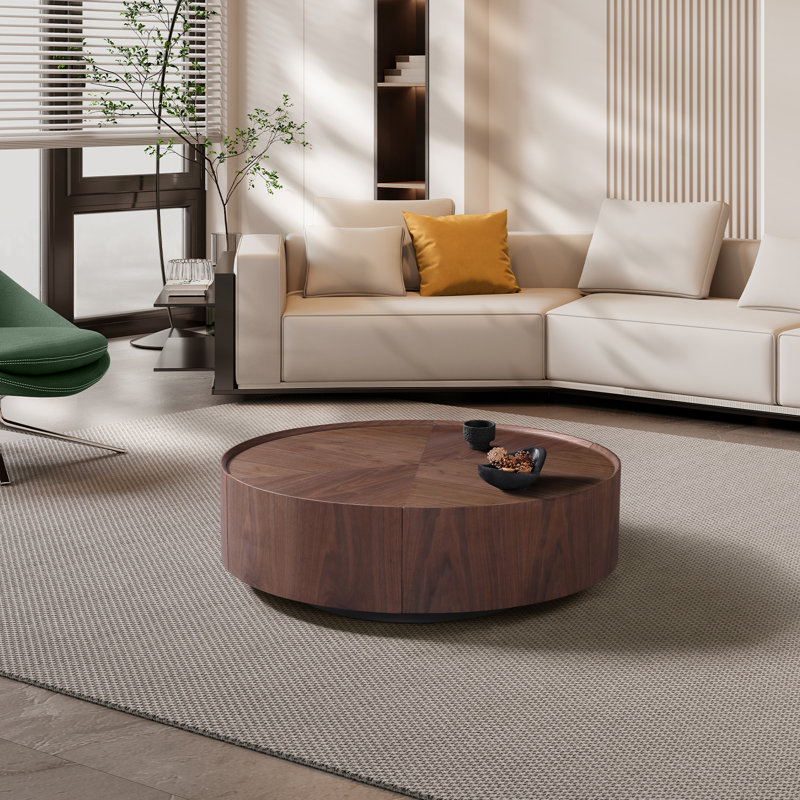 Table basse ronde en bois de noyer avec deux tiroirs de rangement, conception peu encombrante, Walnut