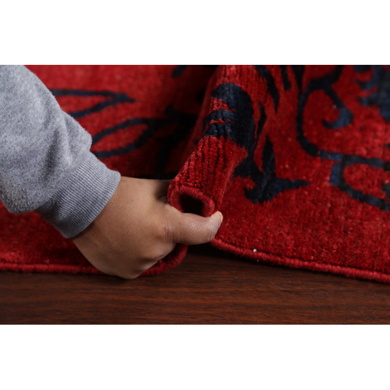 Tapis rouge en laine noué à la main de conception unique 6 pi 5 po x 9 pi 7 po