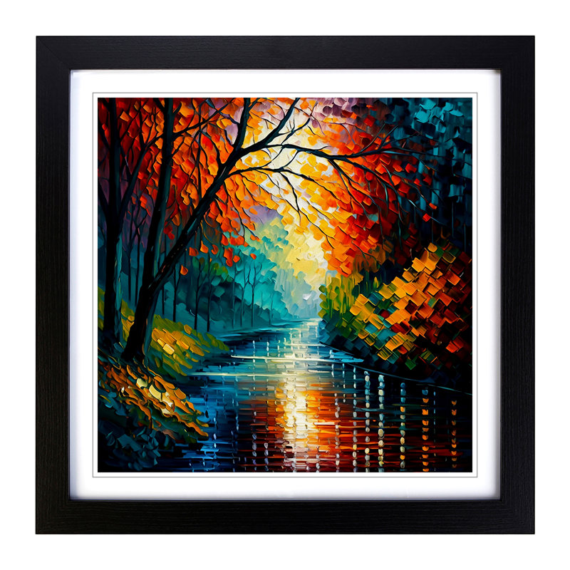 River Palette Knife Painting - Single Picture Frame Print on Wood, Black