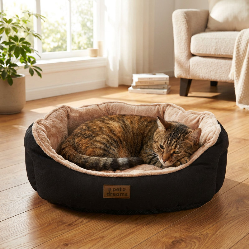 Pet Bed, 15.7" D x 19.7" W, Black; Beige