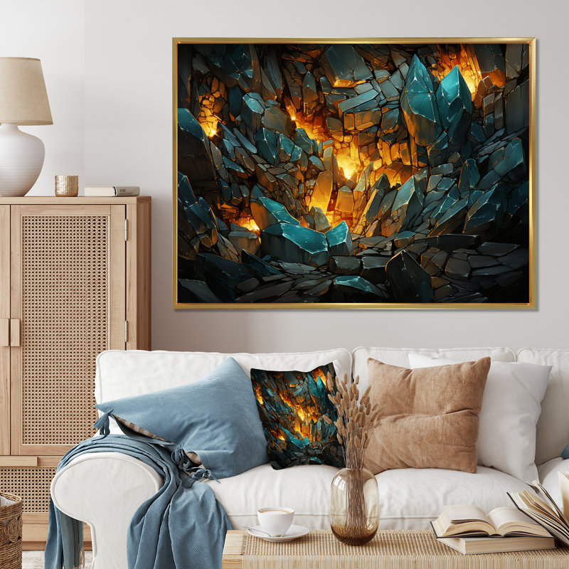 " Fragmented Emerald Explosion ", Gold Floater Framed, 34" H x 44" W x 1.5" D