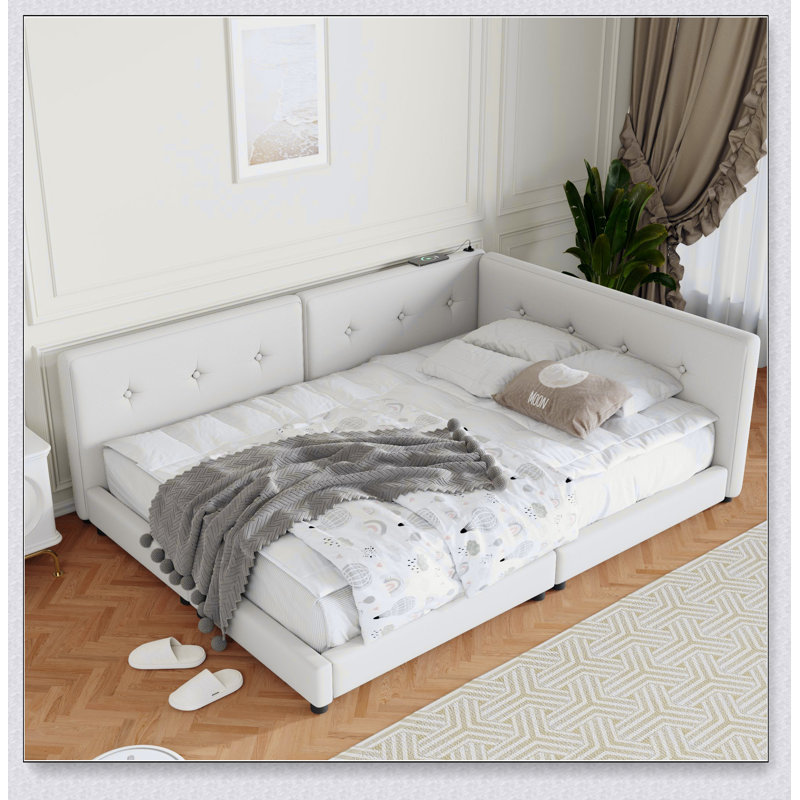 Lit plateforme tapissier avec ports USB, Grand, Beige